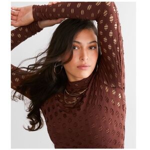 Gilded Intent Brown Cowl Neck Long Sleeve Top with Textured Knit